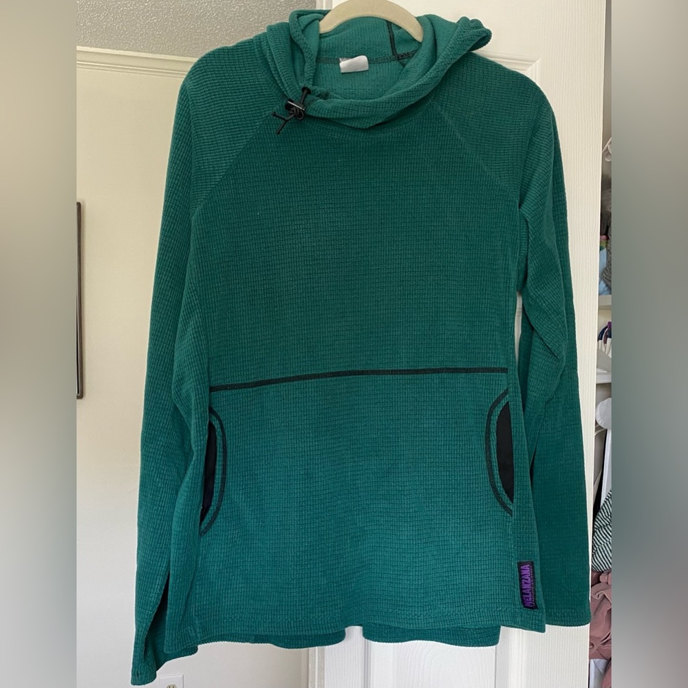 EUC mens large dark green melanzana micro grid pull over with hood